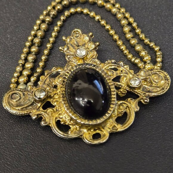 VTG Germany Baroque Revival Gold Tone Brooch Black Cabochon Rhinestones FLAW - Picture 4 of 10